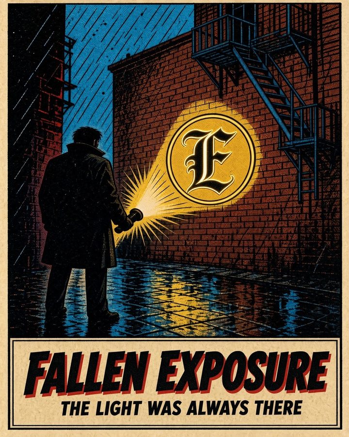 Fallen Exposure poster: a detective in a rainy alley shines a flashlight on a gold seal